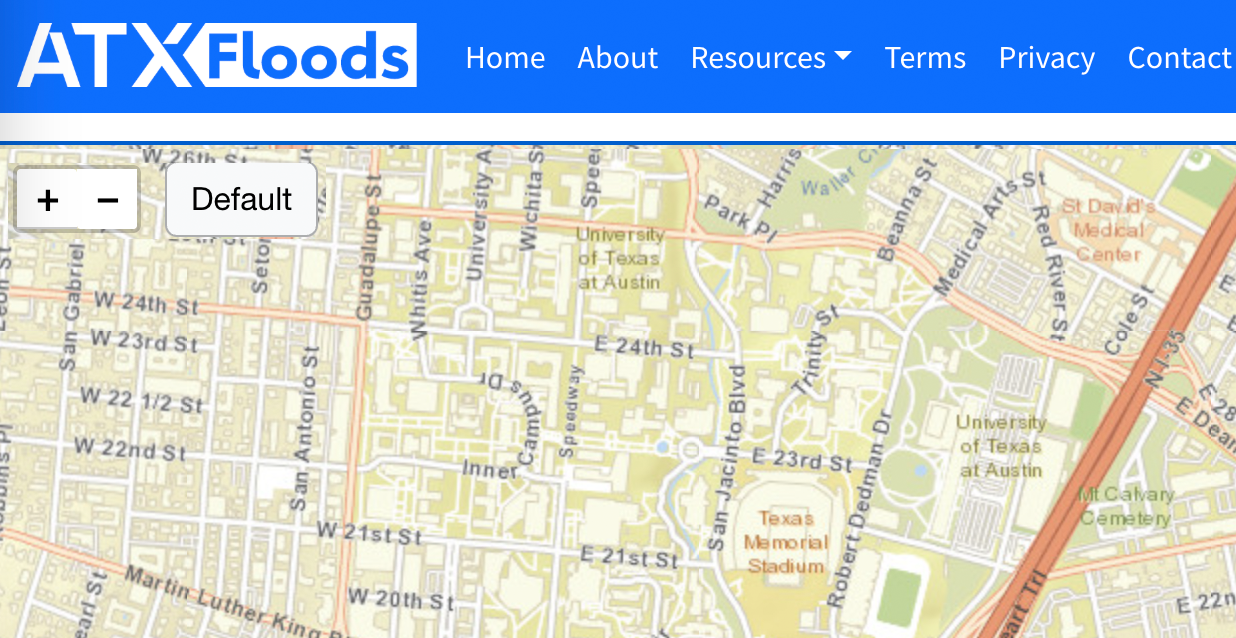 Screen grab of map of Austin on ATX Floods website