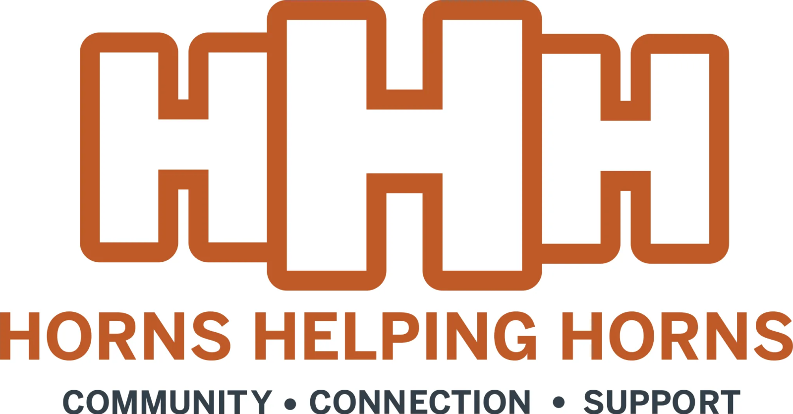 The Horns Helping Horns logo features three block outlines of the letter H, "Horns Helping Horns" and "Community. Connection. Support."