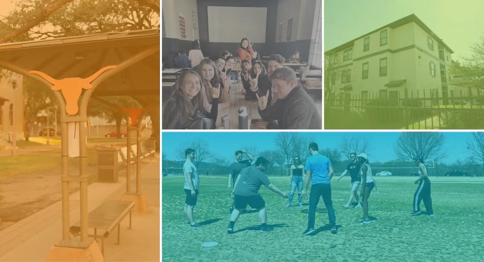 Collage of students and buildings with colorful overlays