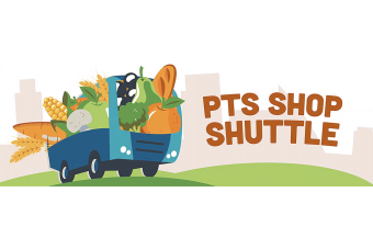 PTS Shop Shuttle graphic with illustration of a bus filled with groceries