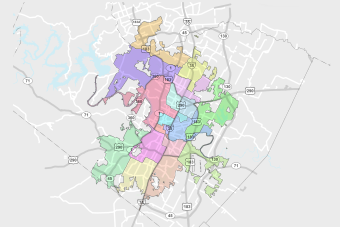 Map of Austin Police Department districts highlighted in different colors