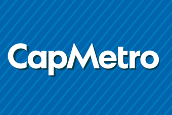 CapMetro logo on a blue striped background