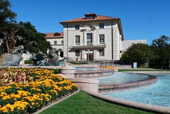 Side angle of Littlefield Fountain on a sunny day