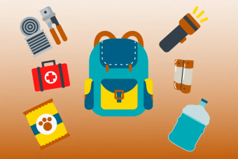Graphic with illustrations of emergency preparedness items like a backpack, food, water, can opener, first aid kit and flashlight