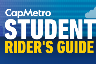 Graphic with illustration of Austin skyline and text that reads, "CapMetro Student Rider's Guide"