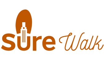 Logo for UT's Sure Walk program featuring burnt orange typography and an illustration of UT tower 