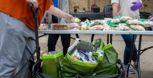 Close up of table with food donations