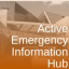 A building in downtown Austin with burnt orange overlay that reads, "Active Emergency Information Hub"